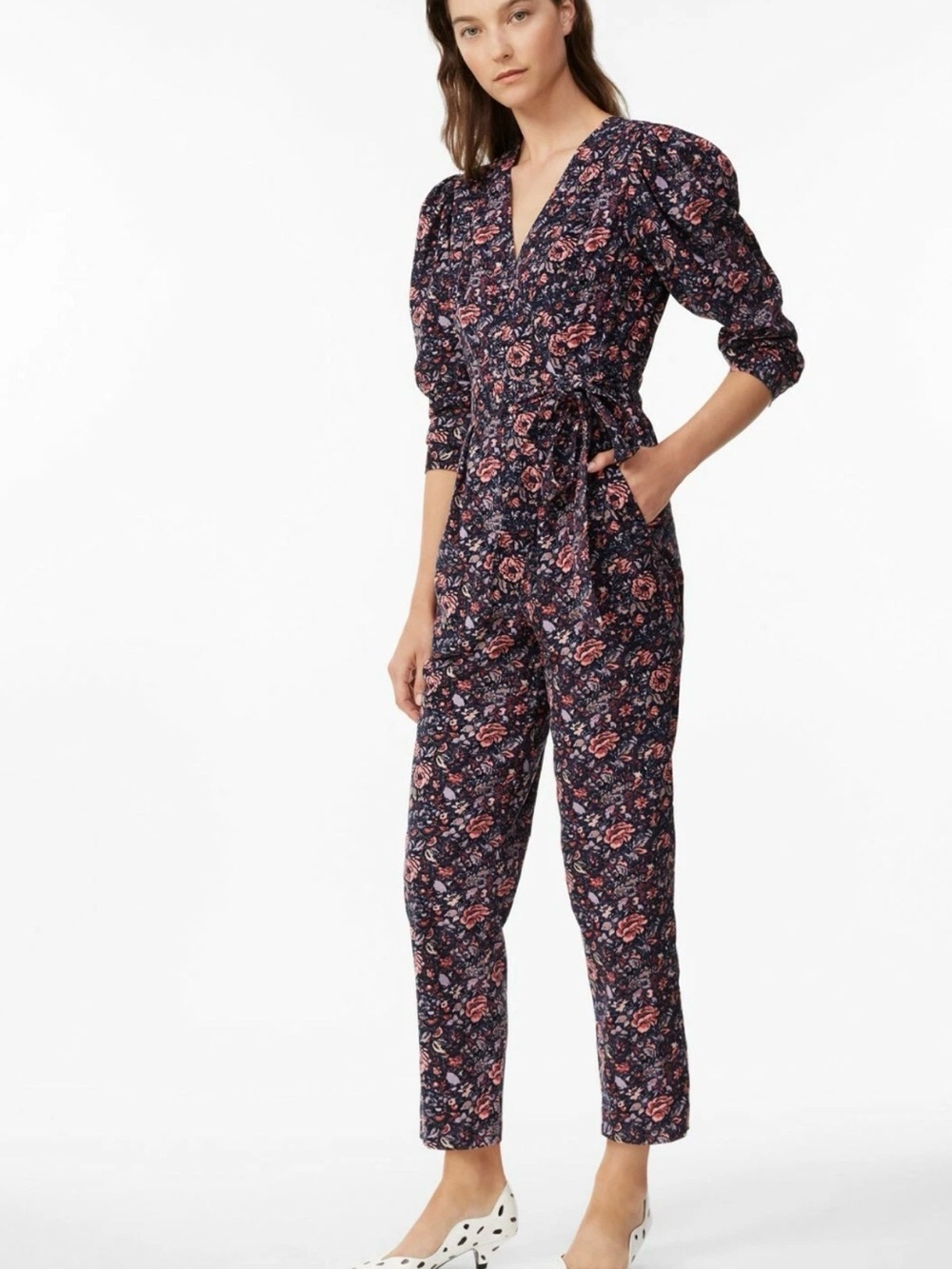 LA VIE Rebecca Taylor Floral Corduroy Wrap Jumpsuit Small